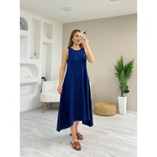 Moda Kumsal Kadın Askılı Yuvarlak Yakalı Asimetrik Kesim Detaylı Viskon Elbise