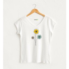 Renkli Karahindiba V Yaka Kadın Tasarım T-Shirt