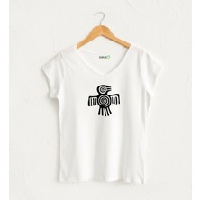 Aztek Kuş Görselli V Yaka Tasarım T-Shirt