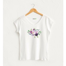 Suluboya Mor Buket V Yaka Kadın Tasarım T-Shirt