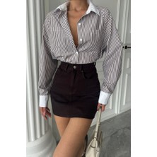 Moda Kumsal Yaka ve Manşet Beyaz  Boyfriend Çizgili  Poplin Gömlek - Kahverengi