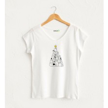 V Yaka Kadın Yılbaşı Kedili Tasarım T-Shirt