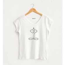 Çizgisel Yoga Görselli V Yaka Kadın Tasarım T-Shirt