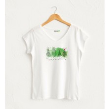 Yılbaşı Ağaçlı V Yaka Kadın Tasarım T-Shirt