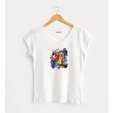 Popart Desenli V Yaka Kadın Tasarım T-Shirt