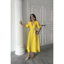 Moda Kumsal Sarı Işıltılı Kemerli Kruvaze Elbise