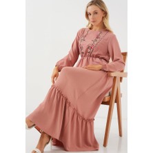 Moda Kumsal Nakışlı Uzun Tesettür Elbise 2550 - Pudra