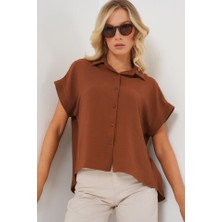 Moda Kumsal Oversize Kısa Kol Gömlek 20322 - Taba