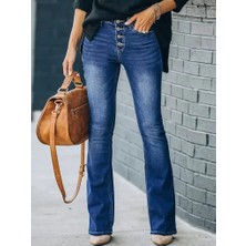 Moda Kumsal Kadın Yüksek Bel Önden Düğmeli Cep Detay Ispanyol Paça Denim Pantolon