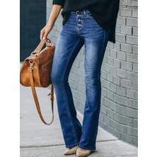 Moda Kumsal Kadın Yüksek Bel Önden Düğmeli Cep Detay Ispanyol Paça Denim Pantolon