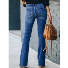 Moda Kumsal Kadın Yüksek Bel Önden Düğmeli Cep Detay Ispanyol Paça Denim Pantolon