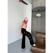Moda Kumsal Osy Modal Yumuşak Dokulu Kumaş Nakış Işlemeli Rahat Bol Paça Eşofman Pantalon - Siyah