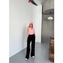 Moda Kumsal Osy Modal Yumuşak Dokulu Kumaş Nakış Işlemeli Rahat Bol Paça Eşofman Pantalon - Siyah