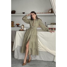 Moda Kumsal Çağla Çizgi Desenli Uzun Elbise