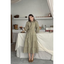Moda Kumsal Çağla Çizgi Desenli Uzun Elbise