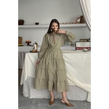 Moda Kumsal Çağla Çizgi Desenli Uzun Elbise