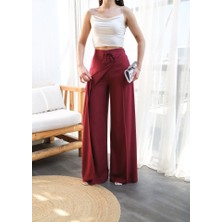 Moda Kumsal Keten Önü Çapraz Parçali Lasti̇kli̇ ve Bağcikli Geni̇ş Paça Pantolon