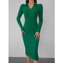 Moda Kumsal Kadın Uzun Kollu Yakalı Triko Elbise