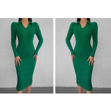 Moda Kumsal Kadın Uzun Kollu Yakalı Triko Elbise