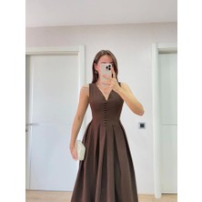 Moda Kumsal V Yaka Uzun Kolsuz Elbise- Kahverengi