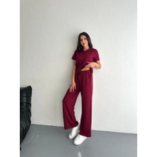 Moda Kumsal Osy Modal Yumuşak Dokulu Kumaş Kısa Kollu Yakalı T-Shirt Pantalon Ikili Takım- Bordo