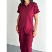Moda Kumsal Osy Modal Yumuşak Dokulu Kumaş Kısa Kollu Yakalı T-Shirt Pantalon Ikili Takım- Bordo