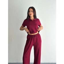 Moda Kumsal Osy Modal Yumuşak Dokulu Kumaş Kısa Kollu Yakalı T-Shirt Pantalon Ikili Takım- Bordo