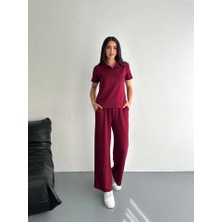 Moda Kumsal Osy Modal Yumuşak Dokulu Kumaş Kısa Kollu Yakalı T-Shirt Pantalon Ikili Takım- Bordo