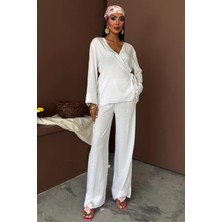 Moda Kumsal Kruvaze Model Klasik Pantolonlu Çupra Keten Takım 10191