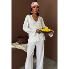 Moda Kumsal Kruvaze Model Klasik Pantolonlu Çupra Keten Takım 10191
