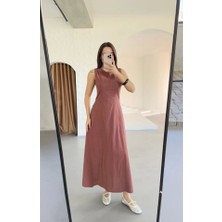 Moda Kumsal Keten Uzun Kolsuz Elbise- Gül Kurusu