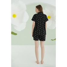 Nbb 68165 Kadın Sıyah Bow Önden Düğmeli Şortlu Pıjama Takımı