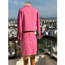 Özel Tasarım Taş Işlemeli Pembe Etek-Ceket Takım|şık Etek-Ceket Takım| Tasarım Etek Etek-Ceket Takım