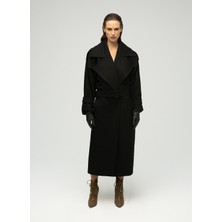 Maximus Geniş Yaka Uzun Siyah Kadın Palto
