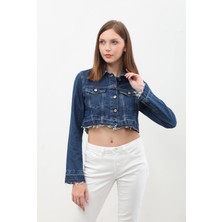 Blue White Kadın Püsküllü Crop Jean Ceket
