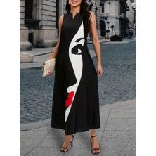 Bemy Çarşı Kadın Sıfır Kol V Yakalı Kadın Yüz Desenli Süprem Elbise