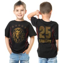 Siyah Renk Çocuk Tişört Aslan Ruhu Sarı Kırmızı 5 Yıldız Şampiyon Ön ve Sırt Baskılı Tasarım T-Shirt