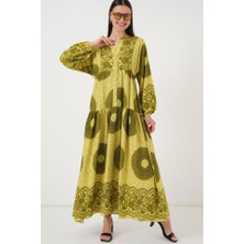 Gökyüzü Moda 2423 Otantik Desenli Tesettür Elbise - Yağ Yeşili 2