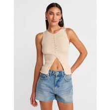 60972 Fitilli Düğmeli Ince Triko Yelek-Bej