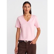 31840 V Yaka Kısa Kollu T-Shirt-Toz Pembe