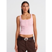 21069 Düğmeli Kare Yaka Top-Toz Pembe