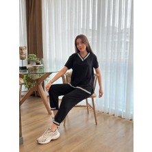 Tua Moda Kadın Kısa Kollu V Yakalı Iki Iplik Bluz ve Pantolon Ikili Takım