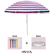 Eğilebilir Plaj Bahçe Balkon Şemsiye Çizgili Kaliteli Kumaş I 2 Metre 8 Telli (Bidon+Kazık)