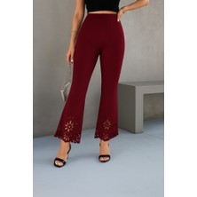 Nidam Butik Kadın Yüksek Bel Paçaya Doğru Genişleyen Lazer Çiçek Kesim Detaylı Ithal Krep Pantolon