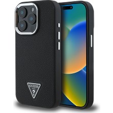Apple iPhone 14 Pro Max Kılıf Guess Lisanslı M-Safe Şarj Özellikli Grained Triangle Kapak Siyah