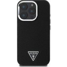 Apple iPhone 14 Pro Max Kılıf Guess Lisanslı M-Safe Şarj Özellikli Grained Triangle Kapak Siyah