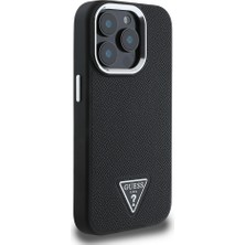 Apple iPhone 14 Pro Max Kılıf Guess Lisanslı M-Safe Şarj Özellikli Grained Triangle Kapak Siyah