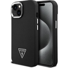 Apple iPhone 15 Kılıf Guess Orjinal Lisanslı M-Safe Şarj Özellikli Grained Triangle Kapak Siyah