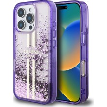Apple iPhone 16 Pro Max Kılıf Guess Orjinal Lisanslı Transparan Sıvılı Simli Altın Çizgili Kapak Mor