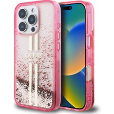 Apple iPhone 16 Pro Max Kılıf Guess Lisanslı Transparan Sıvılı Simli Altın Çizgili Kapak Pembe